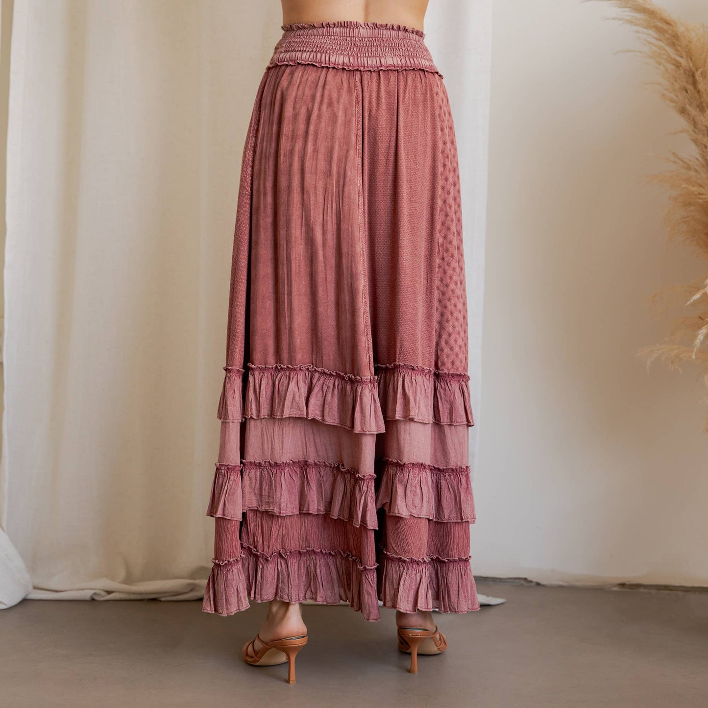 Rustic Textured Smocked Waist Ruffled Tiered Maxi Skirt