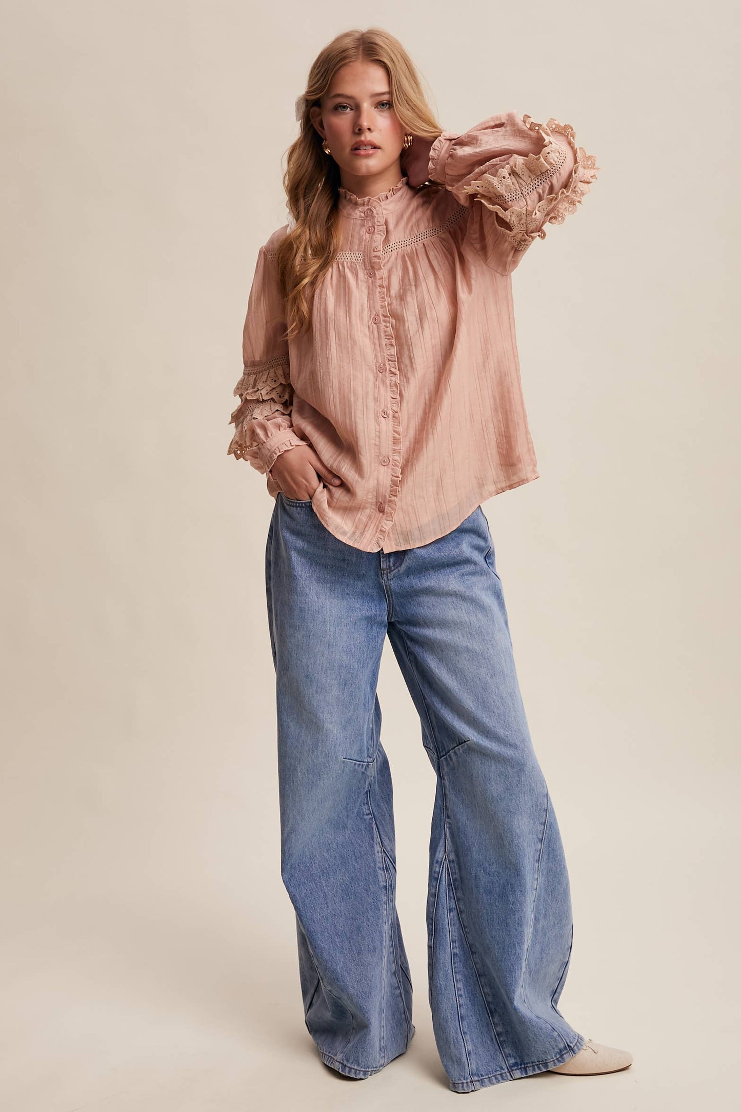 Lace Ruffle Sleeve Pintuck Blouse LT1441