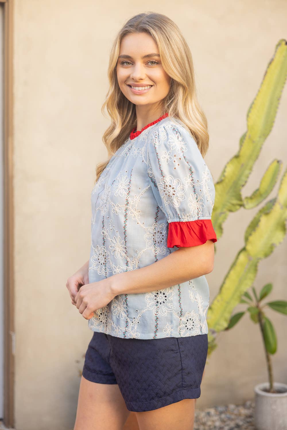 36279 Ruffled Detail Floral Eyelet Embroidered Top