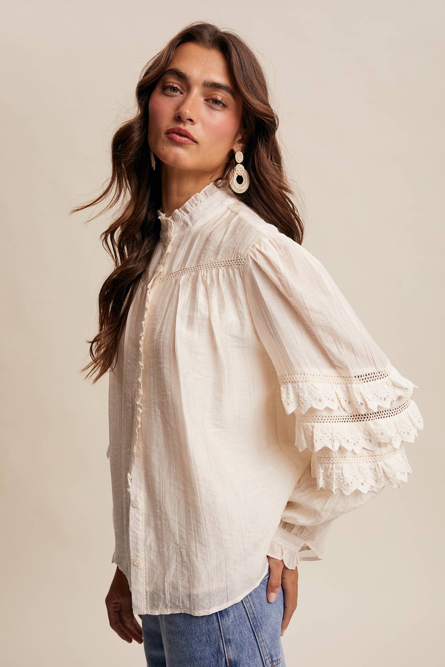 Lace Ruffle Sleeve Pintuck Blouse LT1441