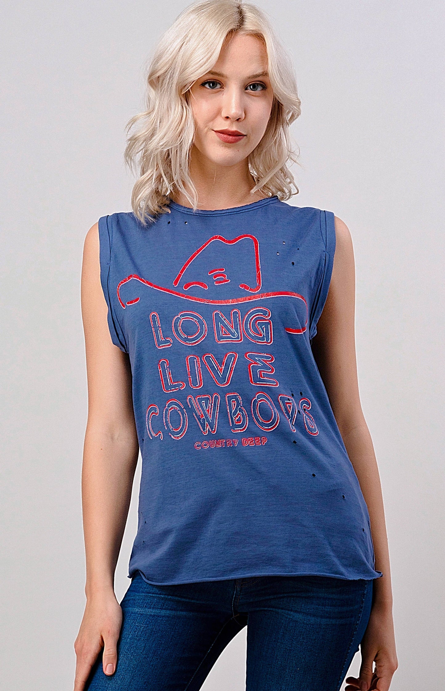 Long Live Cowboy Relaxed Fit distressed  Rolled sleeve Muscle top