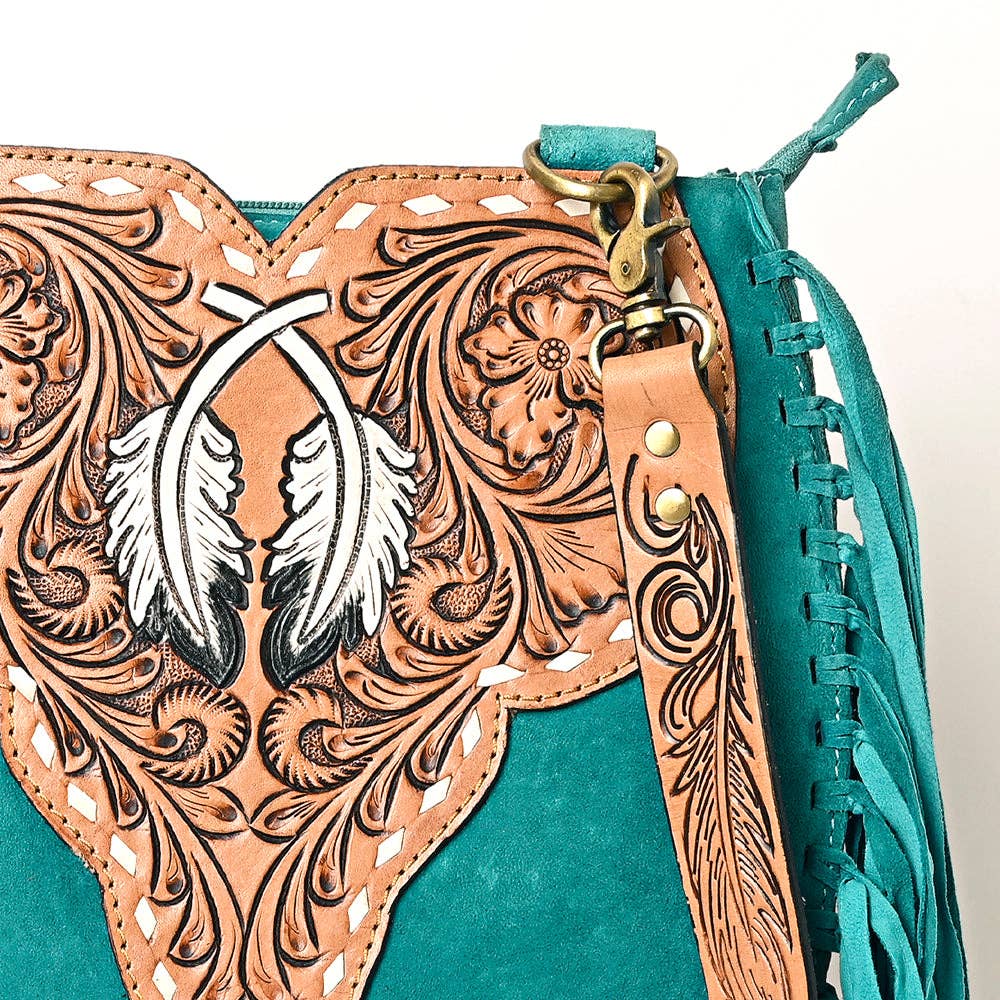 American Darling Western Feather Tooled Leather Large Crossbody Bag with Fringe