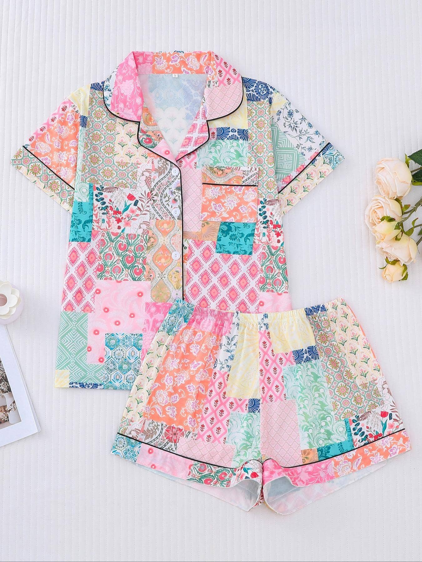 Patchwork Print Pajama Set