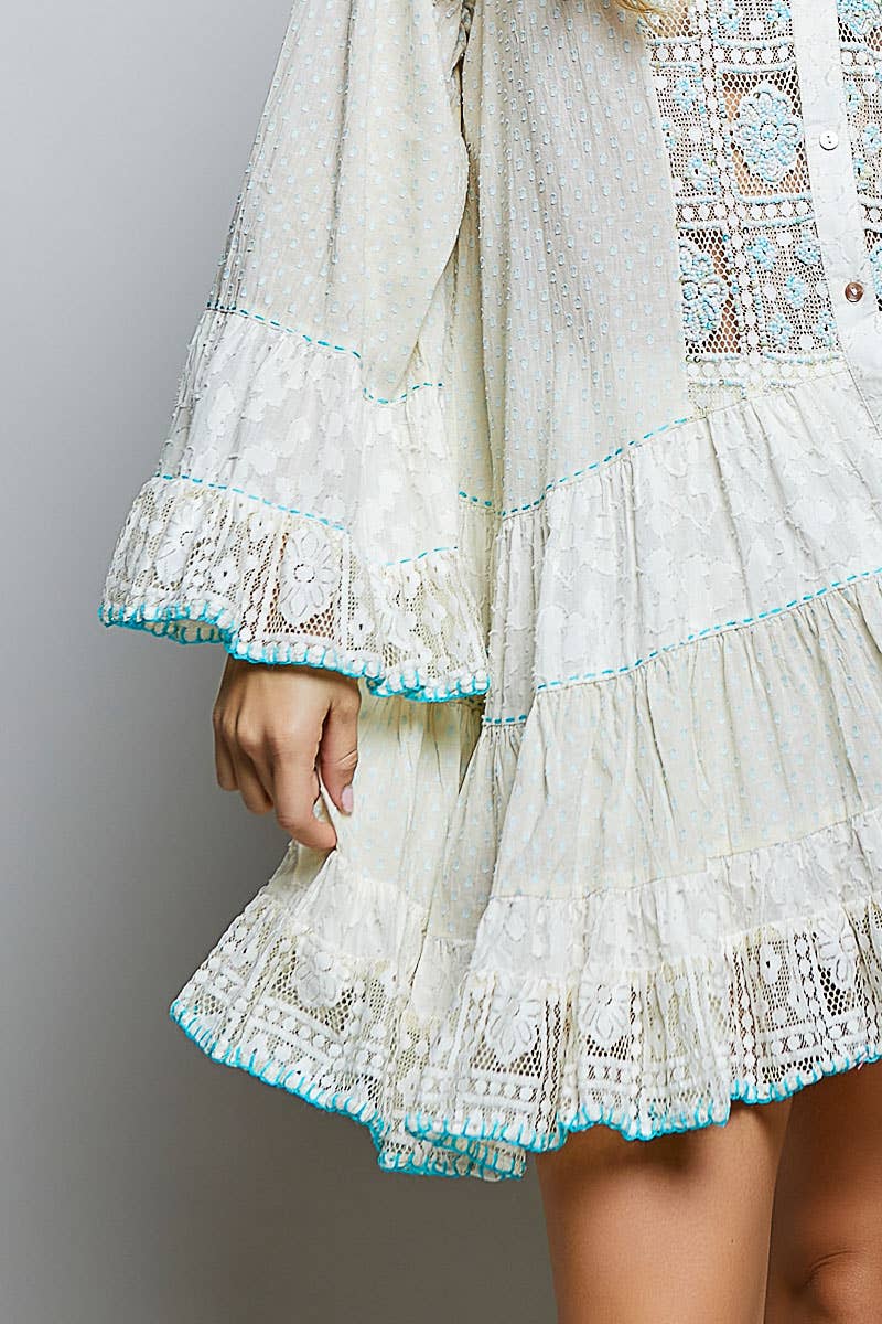 Beaded Embroidered Sheer Sleeve Tiered Dress