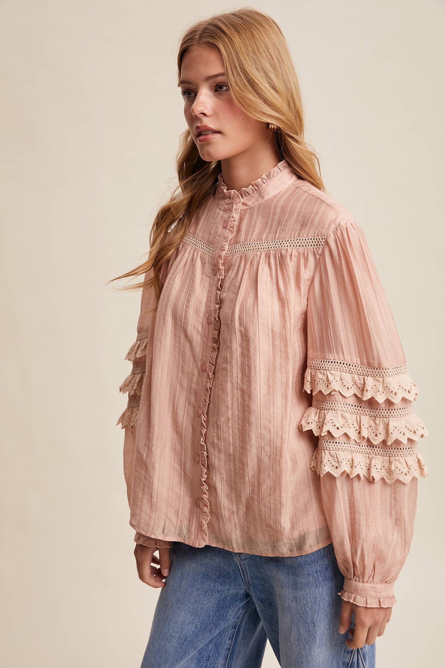 Lace Ruffle Sleeve Pintuck Blouse LT1441