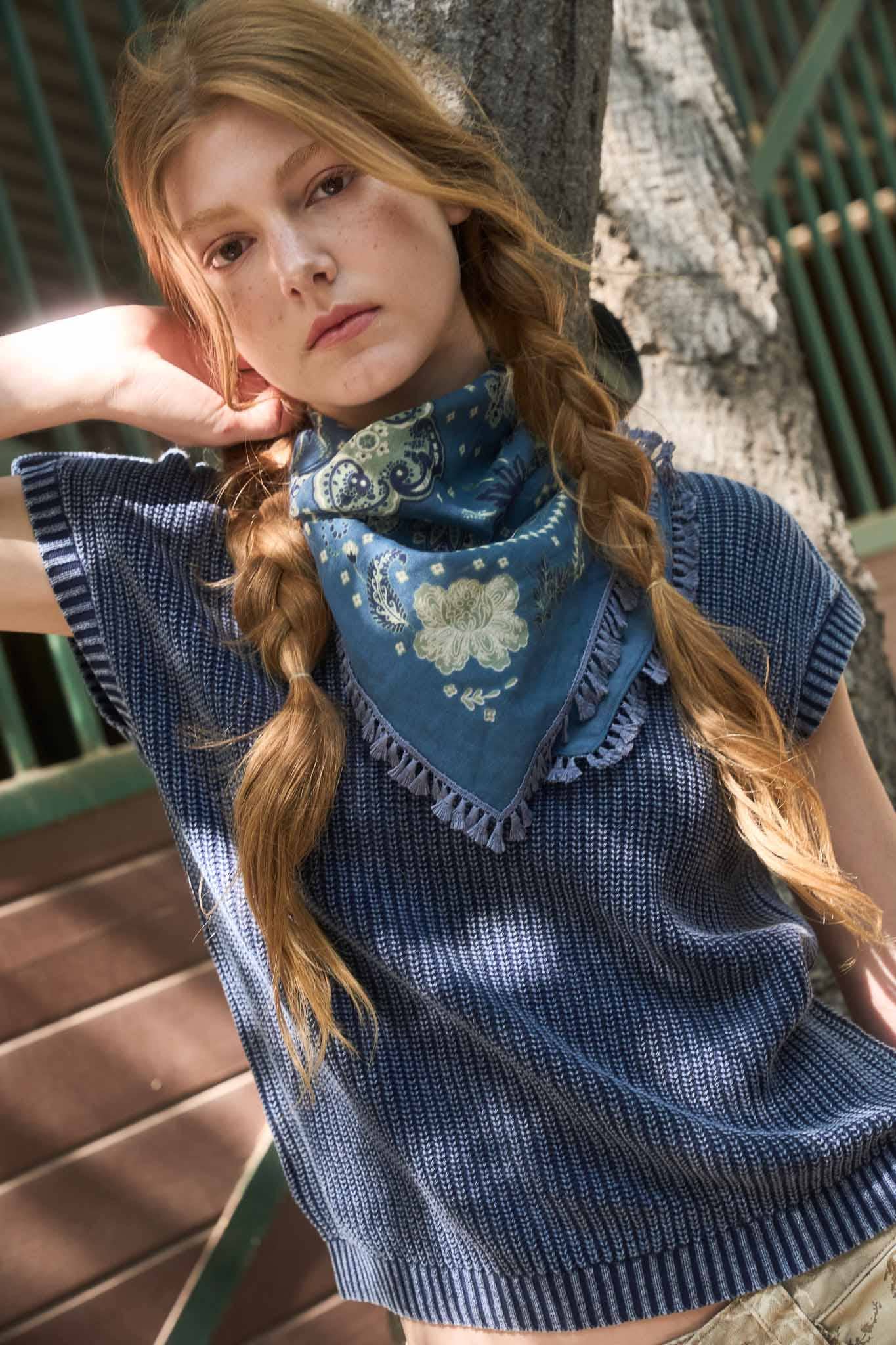 WASHED KNIT SHORT TAB SLEEVE PULLOVER SWEATER