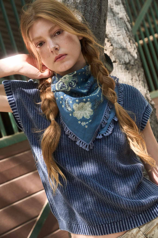 WASHED KNIT SHORT TAB SLEEVE PULLOVER SWEATER