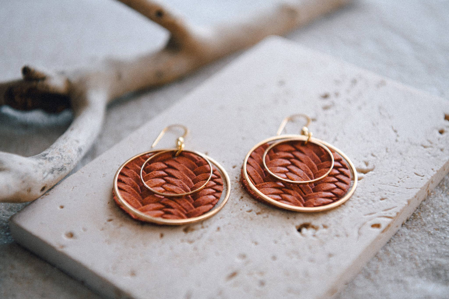 Private Label Boho Chic Leather & Gold Plated Hoop Earrings