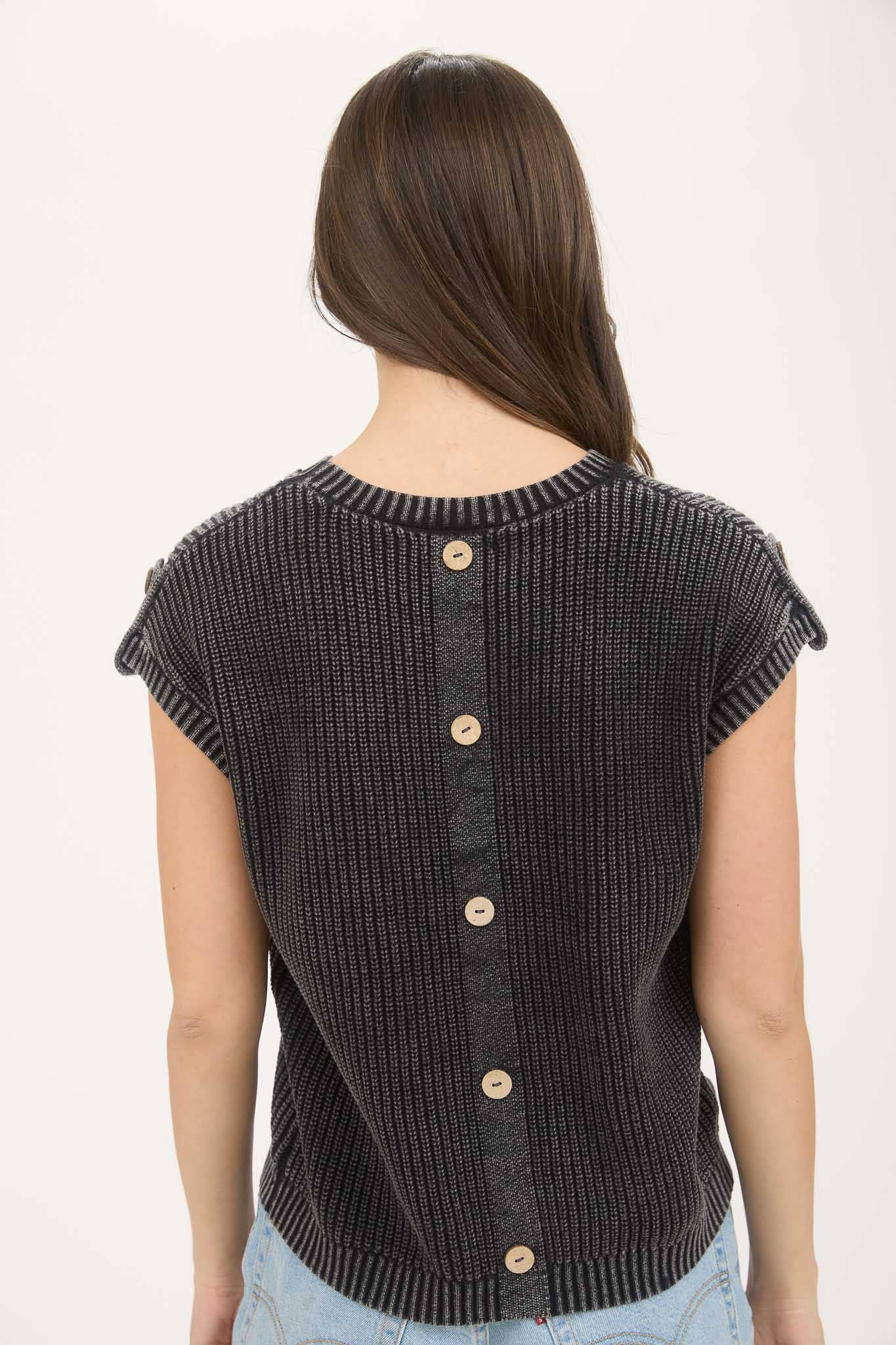 WASHED KNIT SHORT TAB SLEEVE PULLOVER SWEATER
