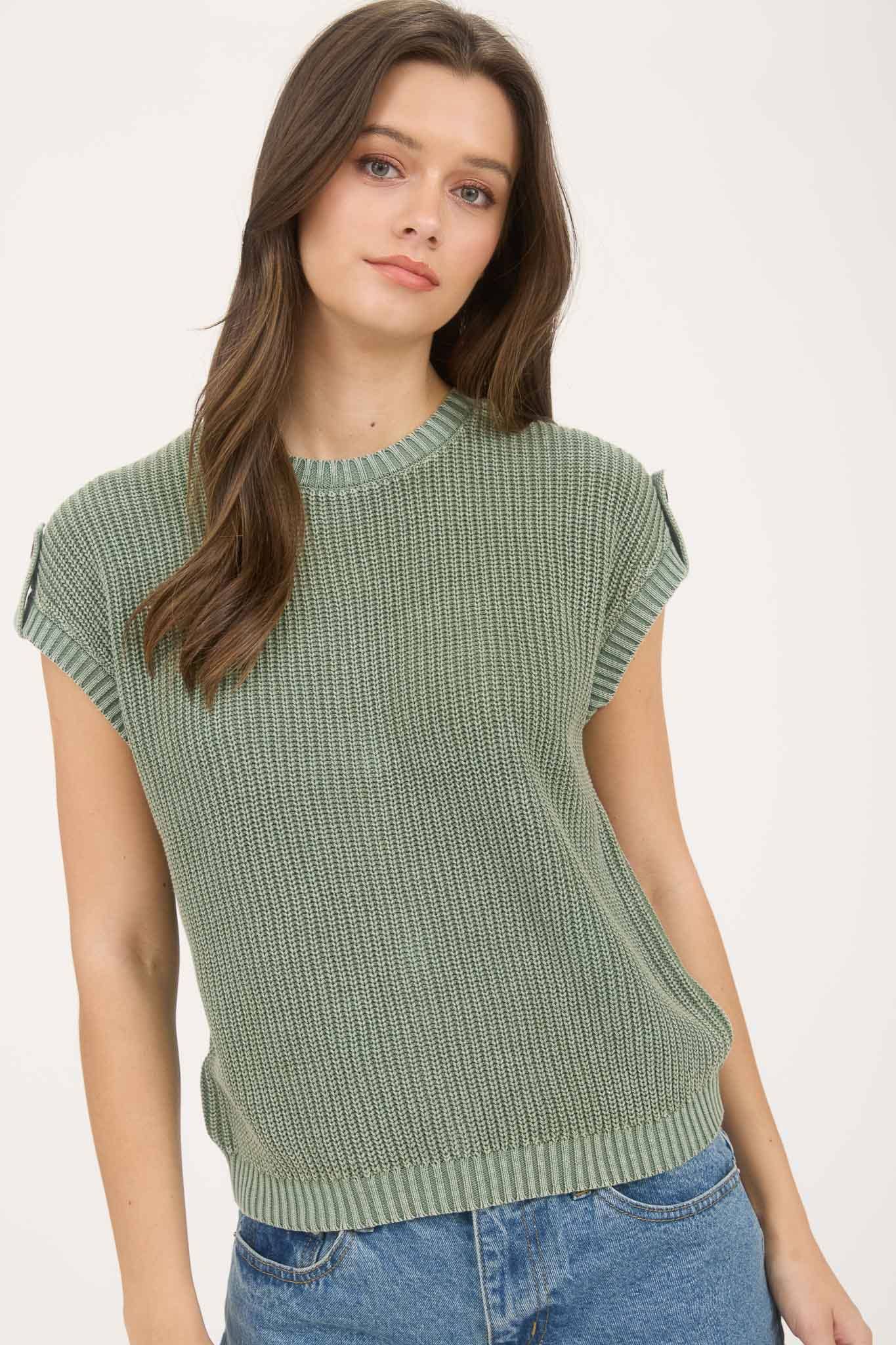 WASHED KNIT SHORT TAB SLEEVE PULLOVER SWEATER