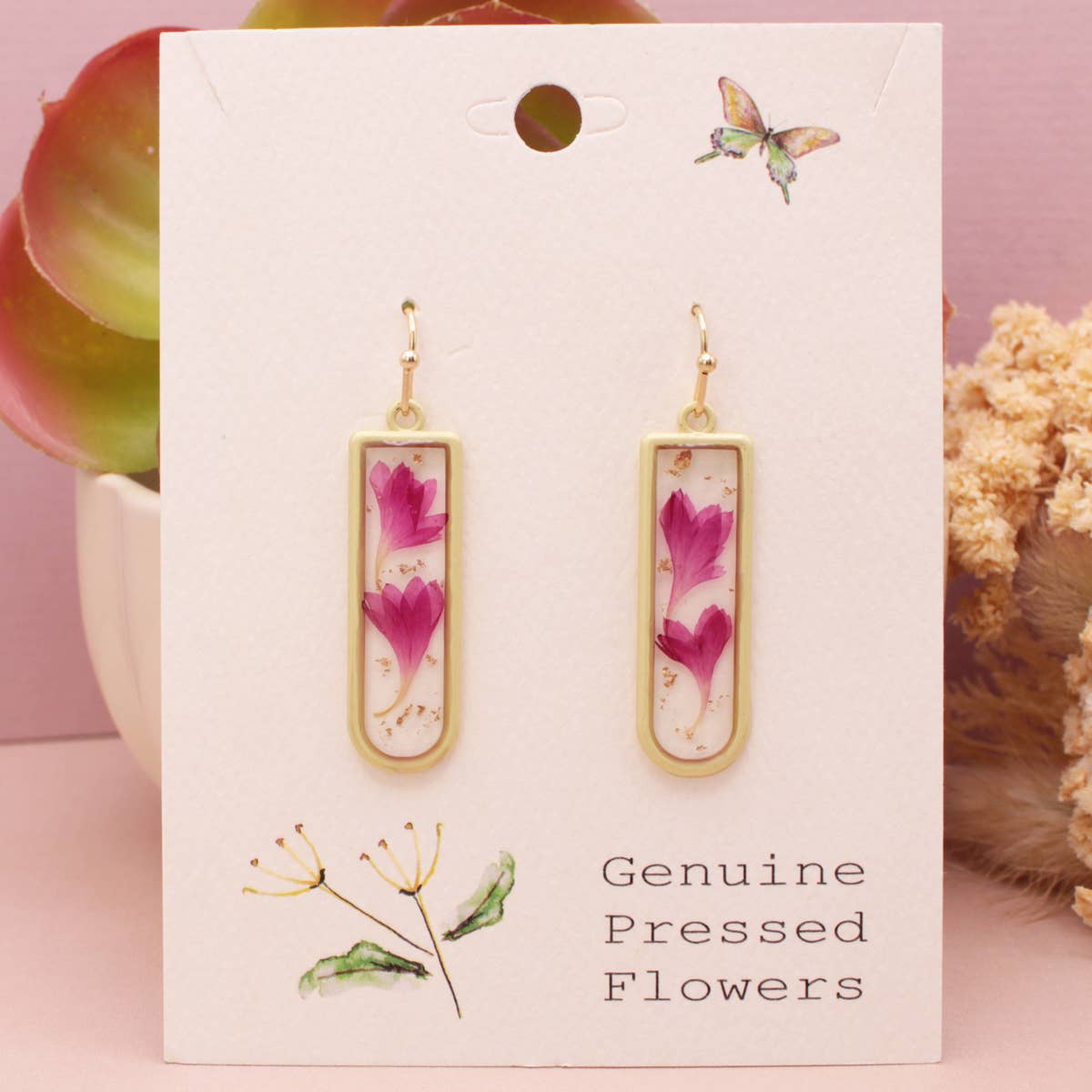 Gold Bar Pink Dried Flower Earrings