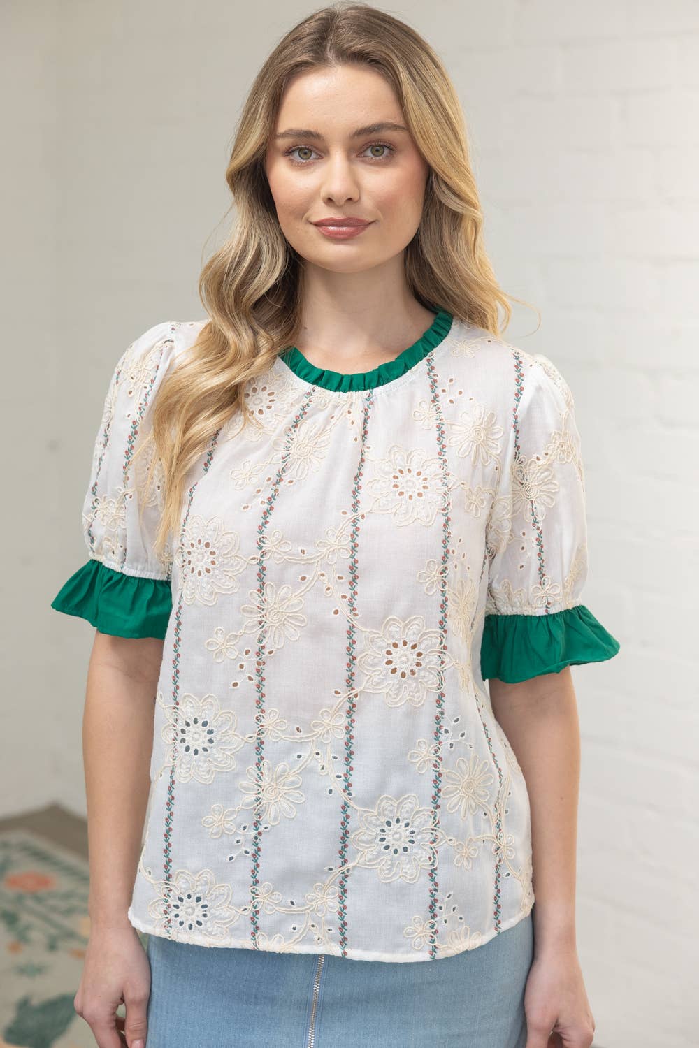 36279 Ruffled Detail Floral Eyelet Embroidered Top