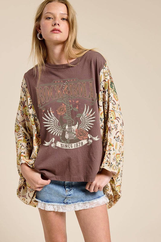 Rock N Roll Vintage Graphic Rustic Sheer Sleeves Kaftan Top