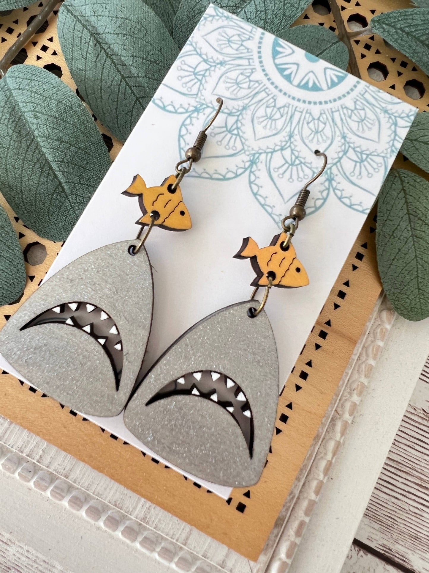 Shark Hand painted lightweight maple wood hoop earrings  