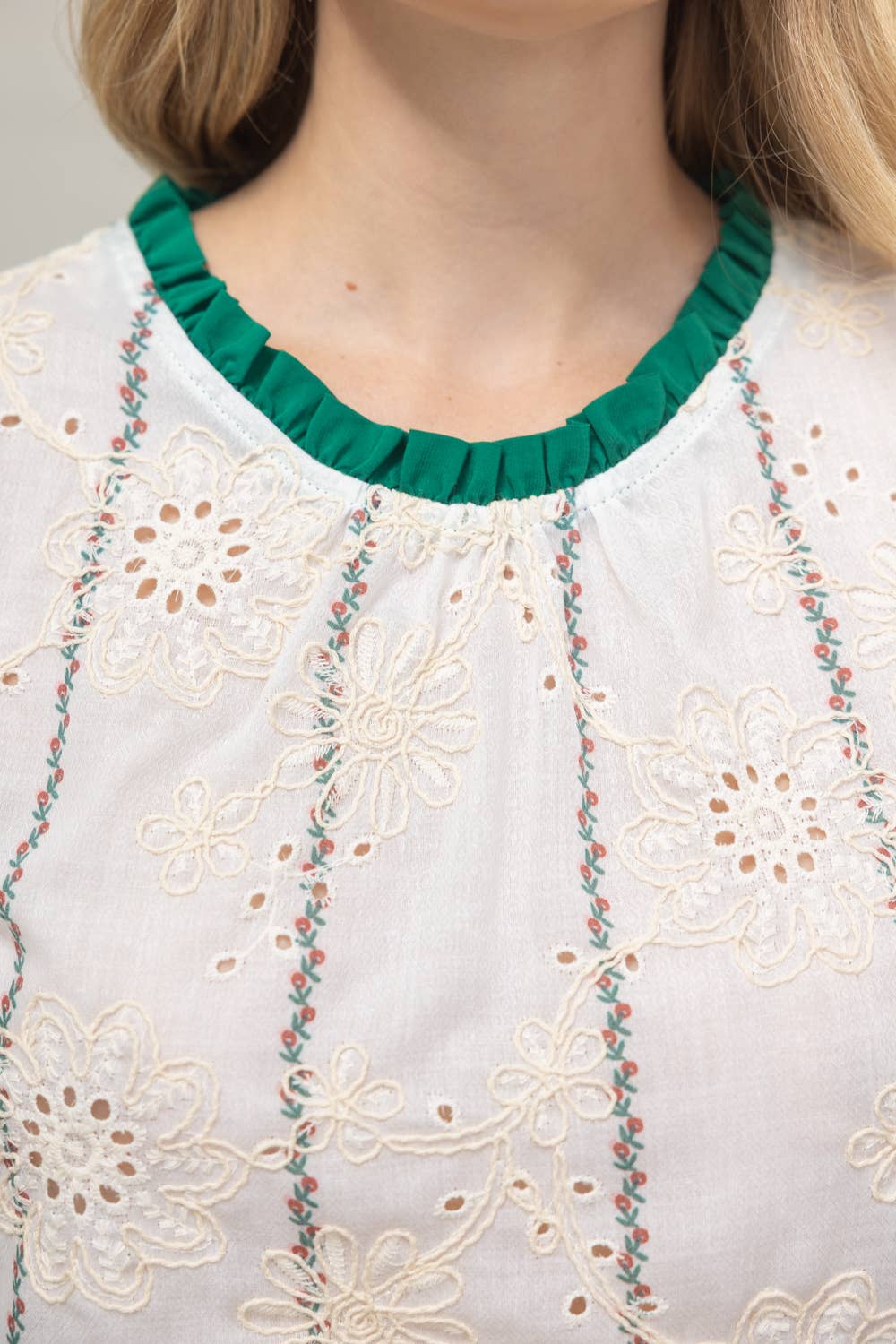 36279 Ruffled Detail Floral Eyelet Embroidered Top