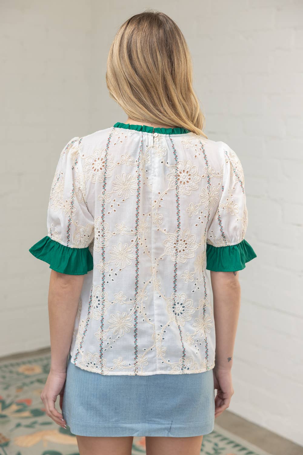 36279 Ruffled Detail Floral Eyelet Embroidered Top