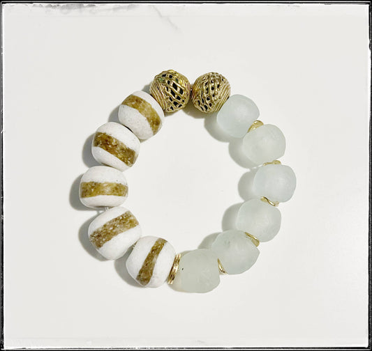 Recycled Glass Krobo Stone Beaded Stretch Bracelet Striped