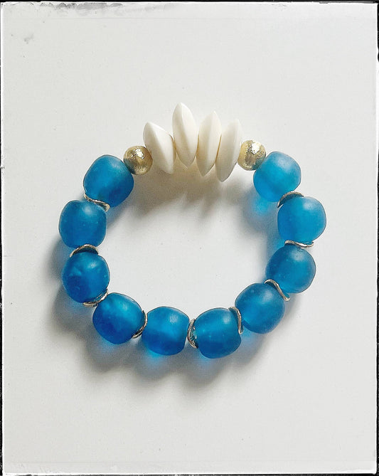 African Bone & Recycled Glass Bead Stretch Bracelet- Blue