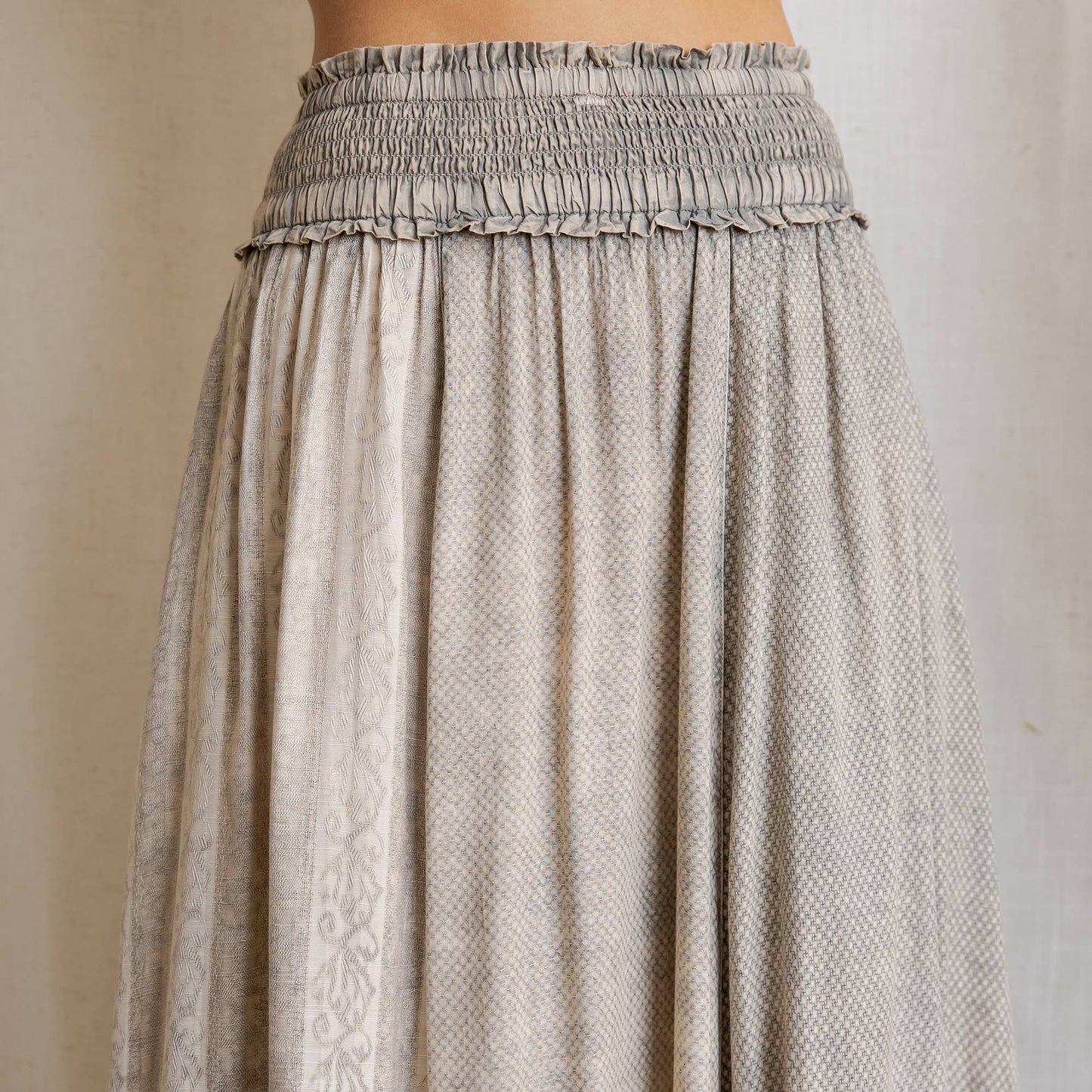 Rustic Textured Smocked Waist Ruffled Tiered Maxi Skirt