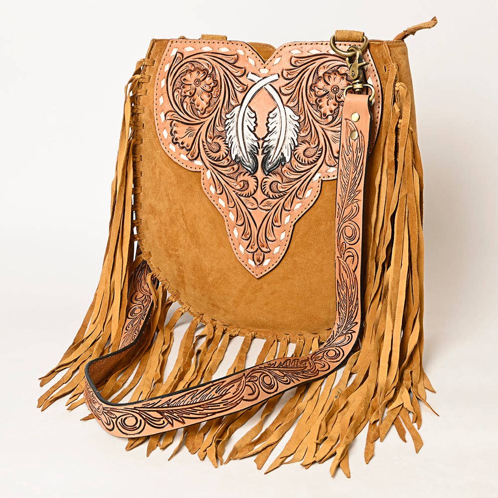 American Darling Western Feather Tooled Leather Large Crossbody Bag with Fringe