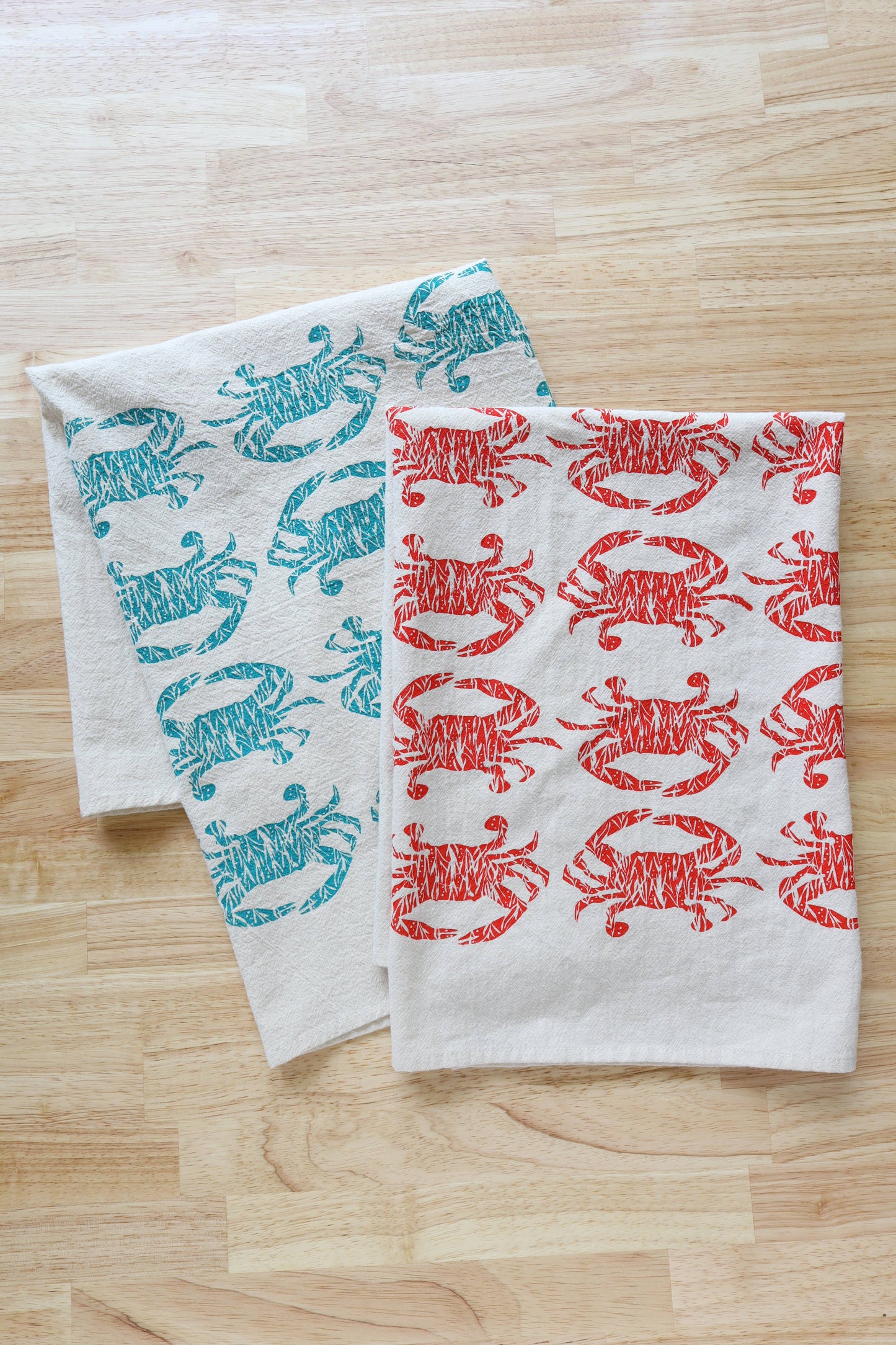 Crab Handprinted Kitchen Towel, Coastal Tea Towel, Blue Crab