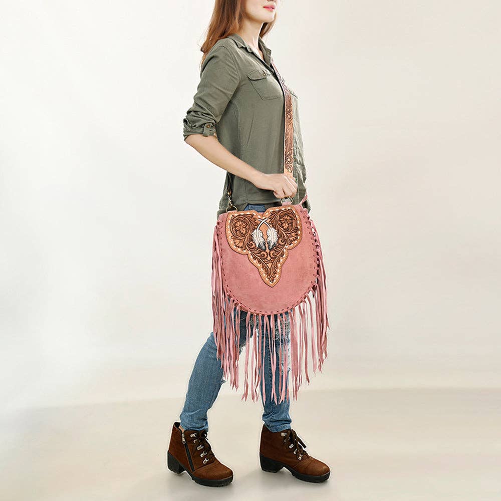 American Darling Western Feather Tooled Leather Large Crossbody Bag with Fringe
