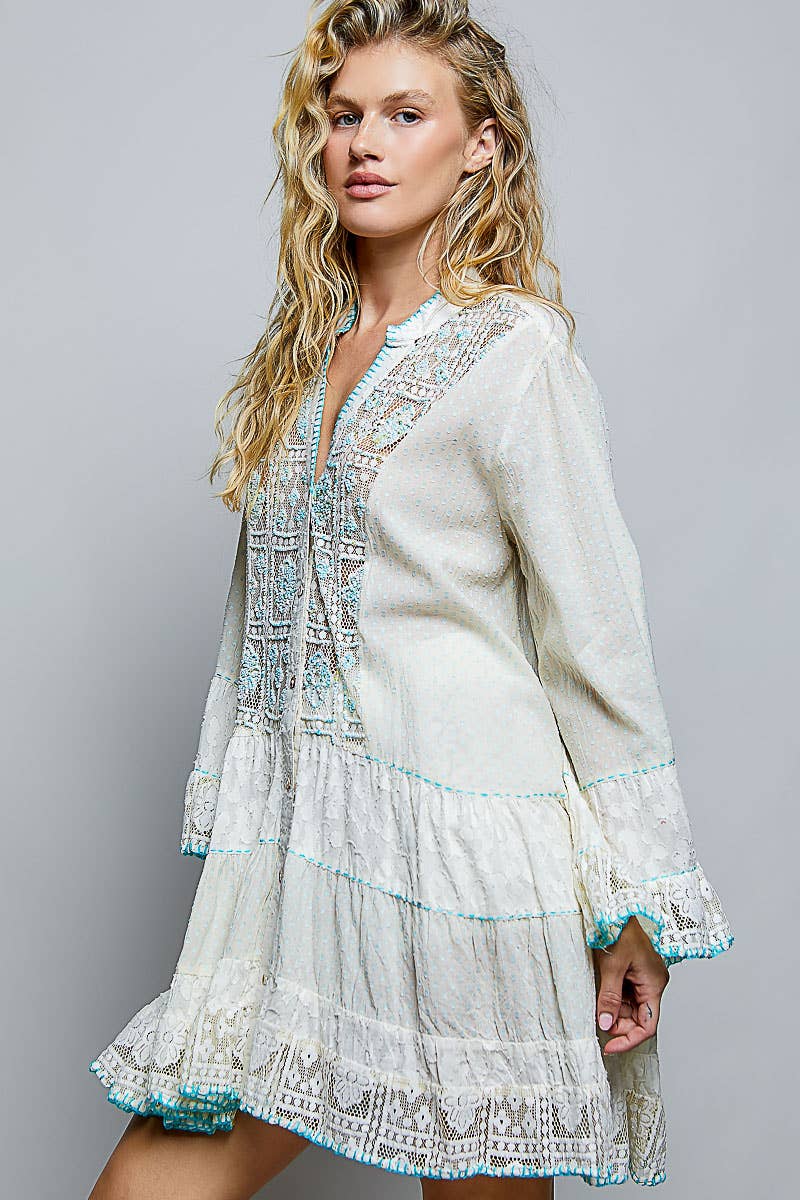 Beaded Embroidered Sheer Sleeve Tiered Dress