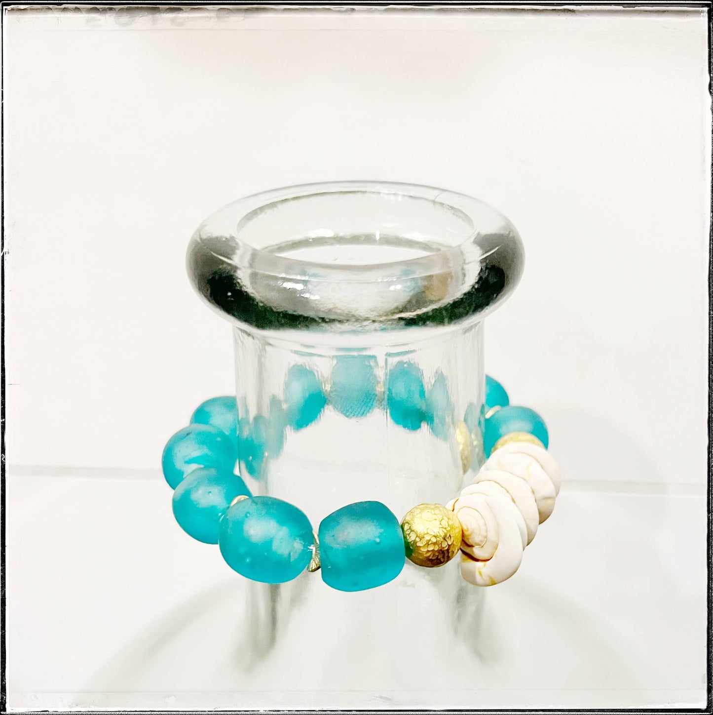 Natural Shell & Recycled Glass Bead Stretch Bracelet-  Blue