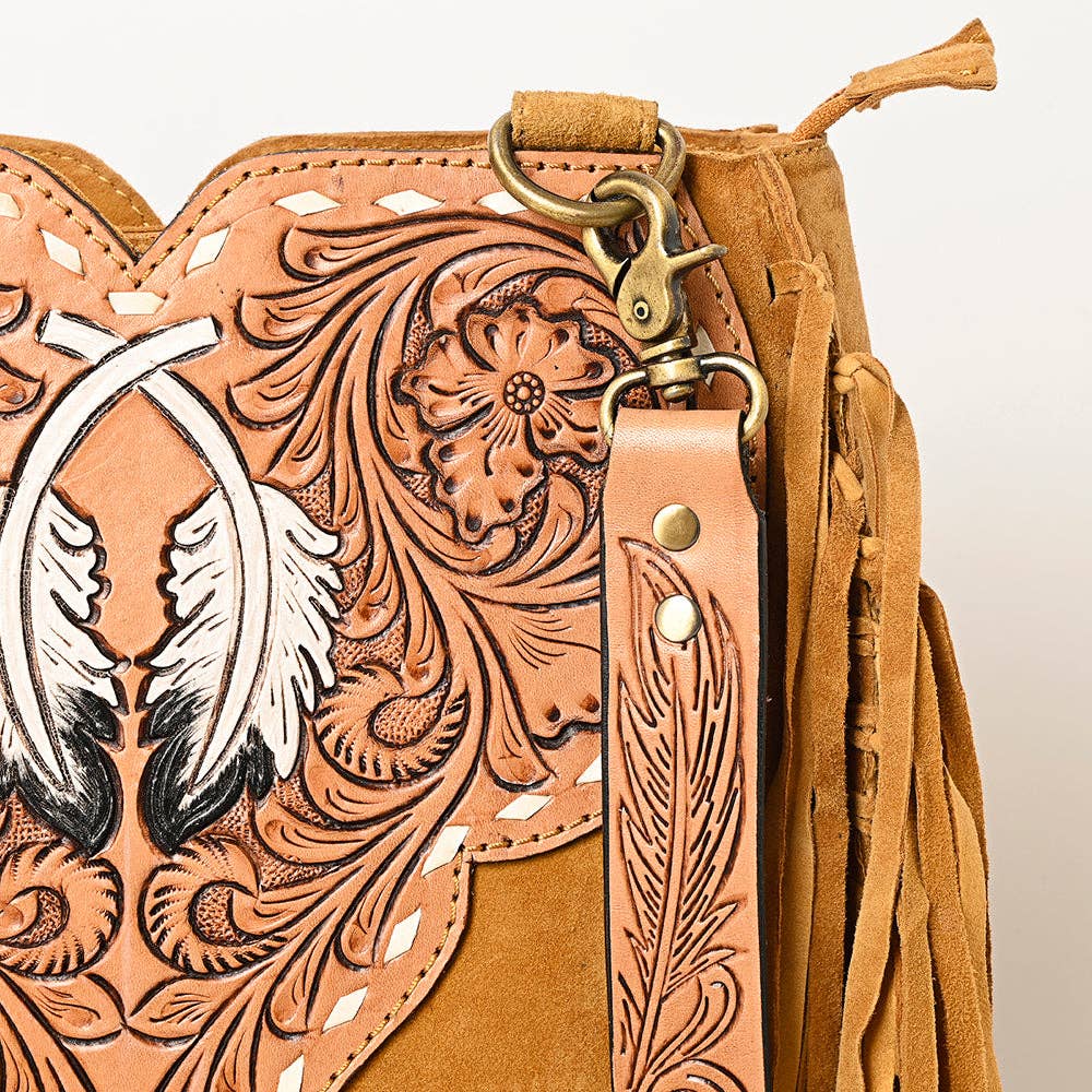 American Darling Western Feather Tooled Leather Large Crossbody Bag with Fringe