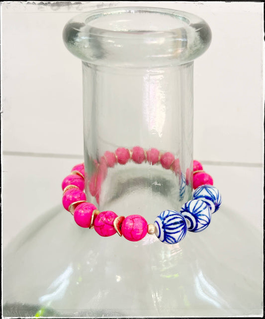 Pink Turquoise Gemstone & Chinoiserie Bead Stretch Bracelet