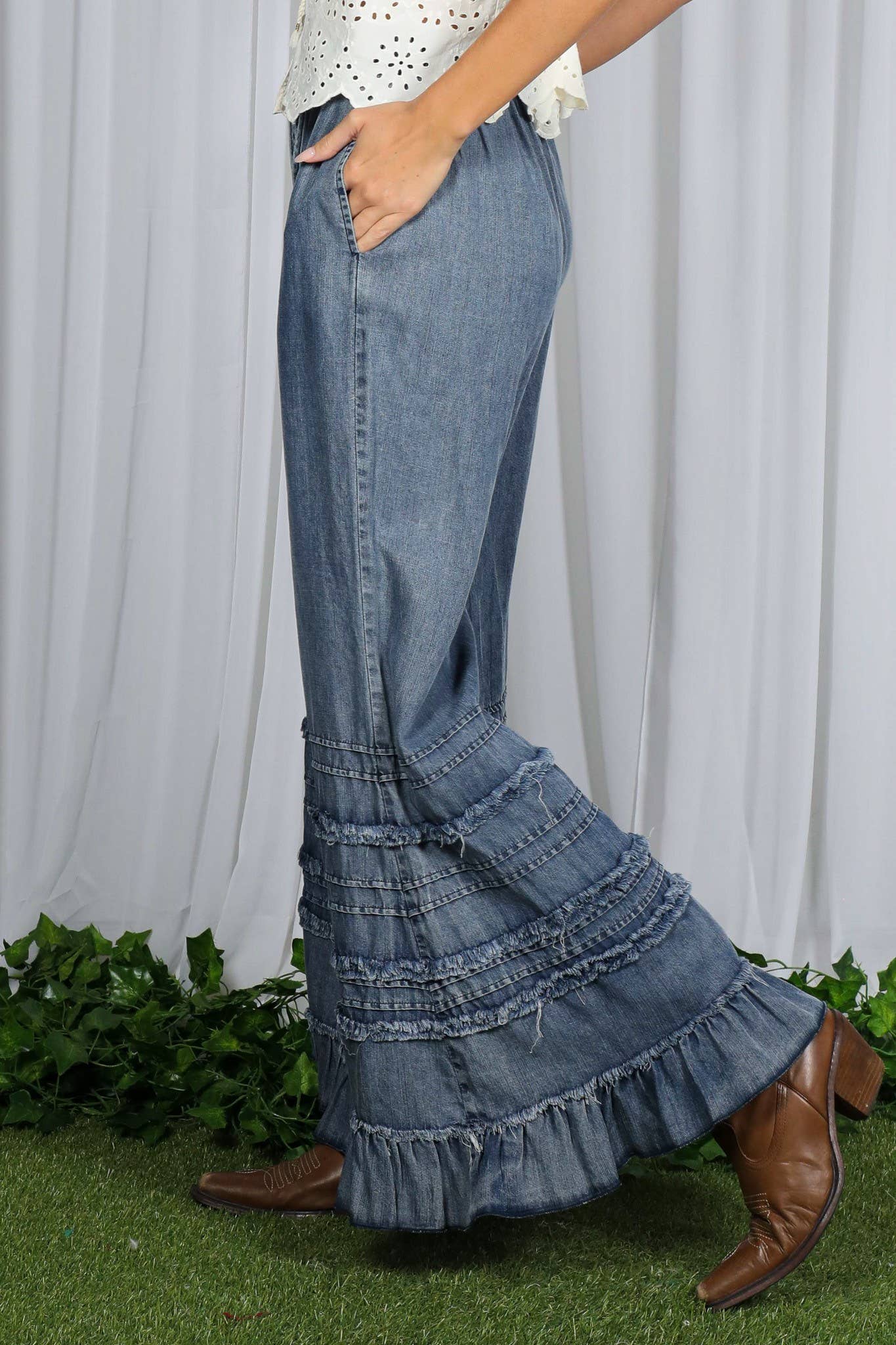 Flared Ruffle Hem Washed Chambray Crop Denim Pants