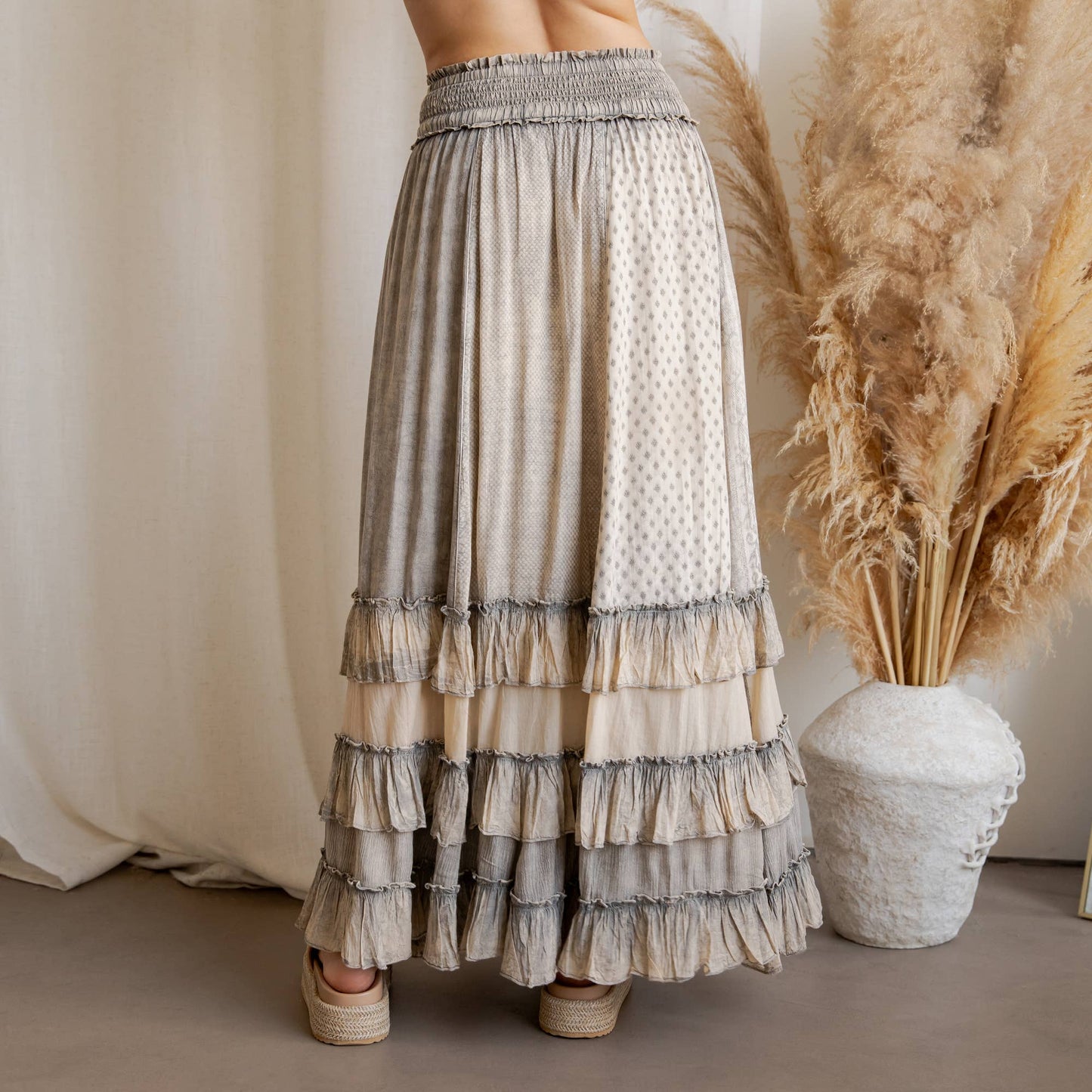 Rustic Textured Smocked Waist Ruffled Tiered Maxi Skirt