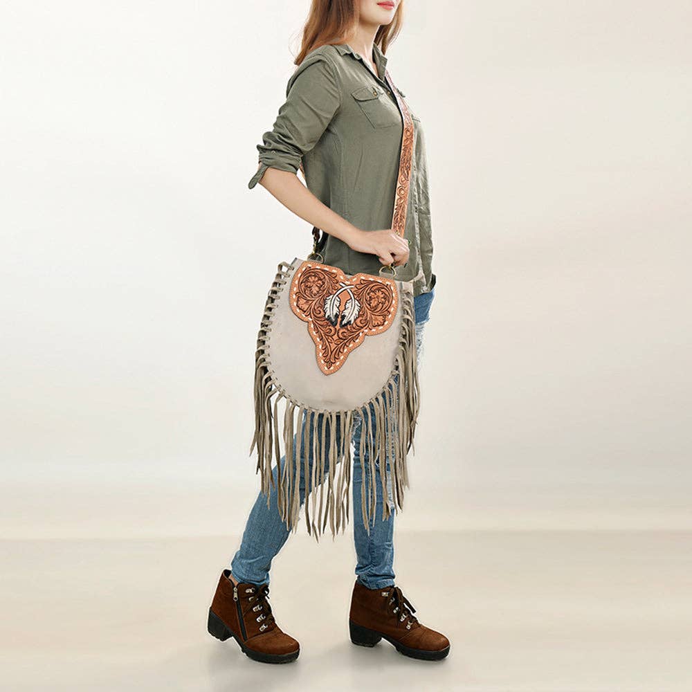 American Darling Western Feather Tooled Leather Large Crossbody Bag with Fringe