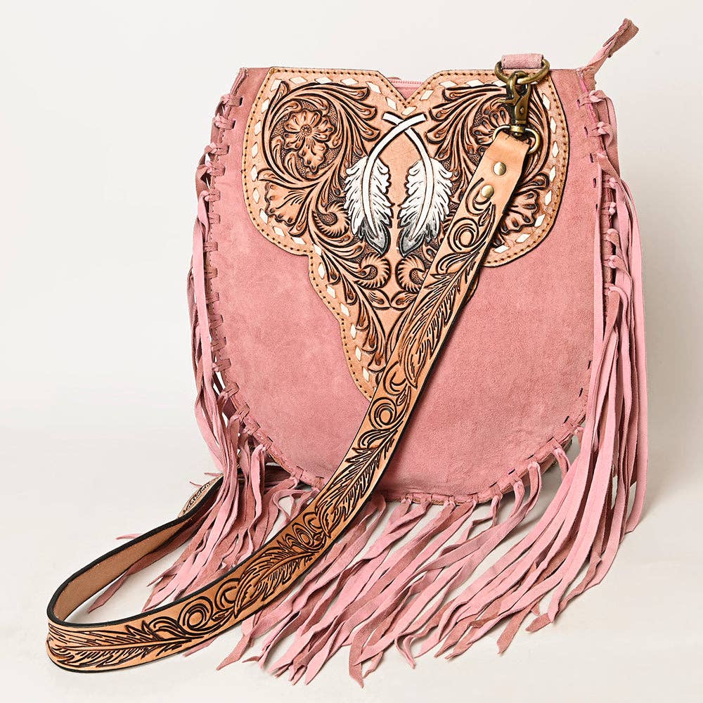 American Darling Western Feather Tooled Leather Large Crossbody Bag with Fringe