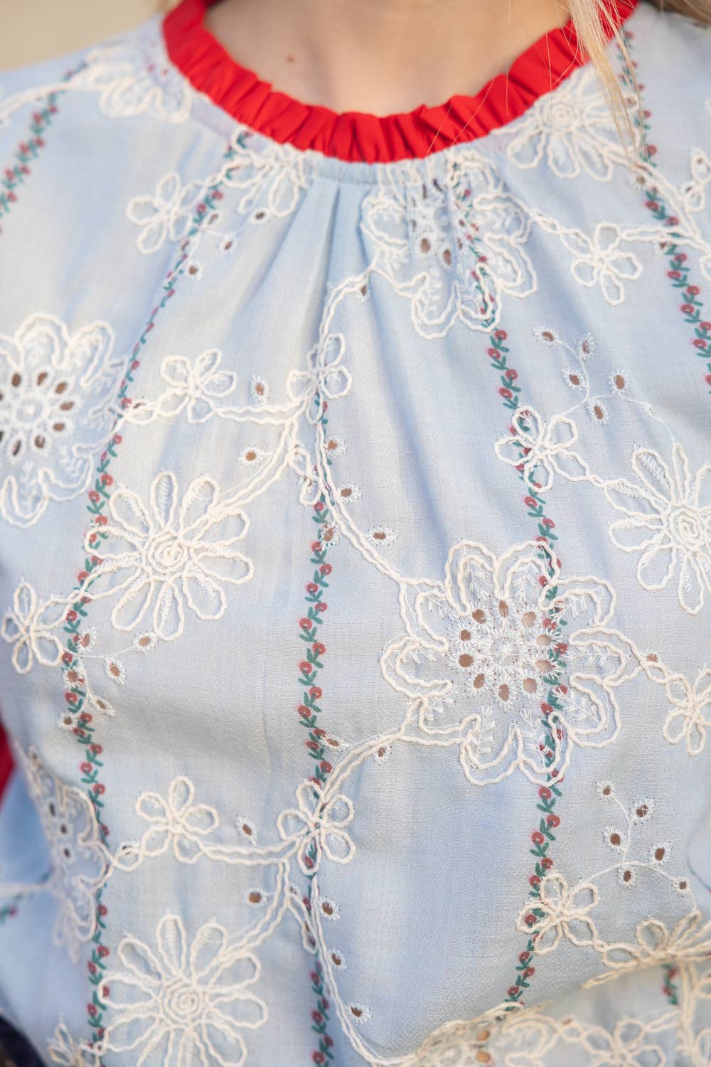 36279 Ruffled Detail Floral Eyelet Embroidered Top