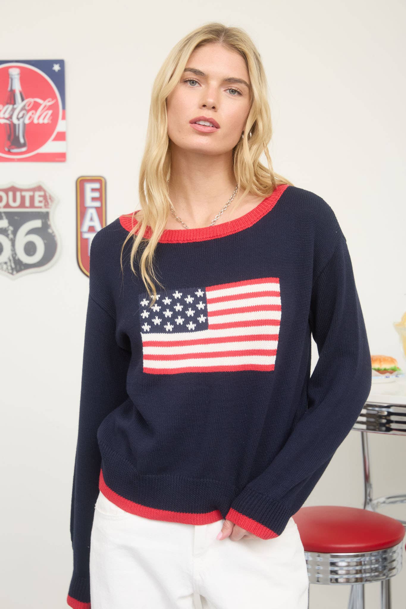 CONTRAST TRIM AMERICAN FLAG KNIT PULLOVER SWEATER