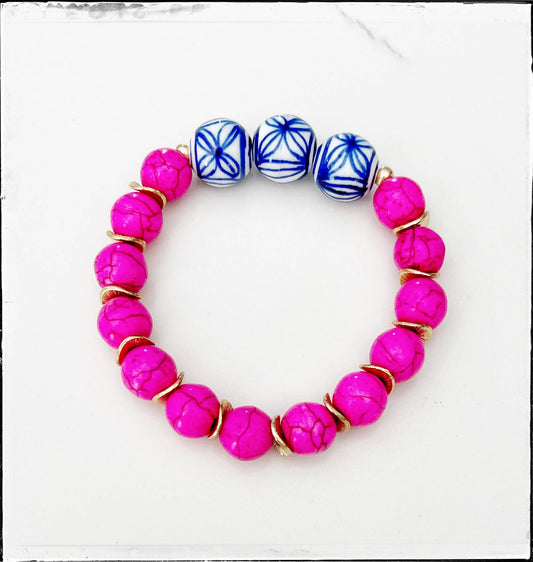 Pink Turquoise Gemstone & Chinoiserie Bead Stretch Bracelet