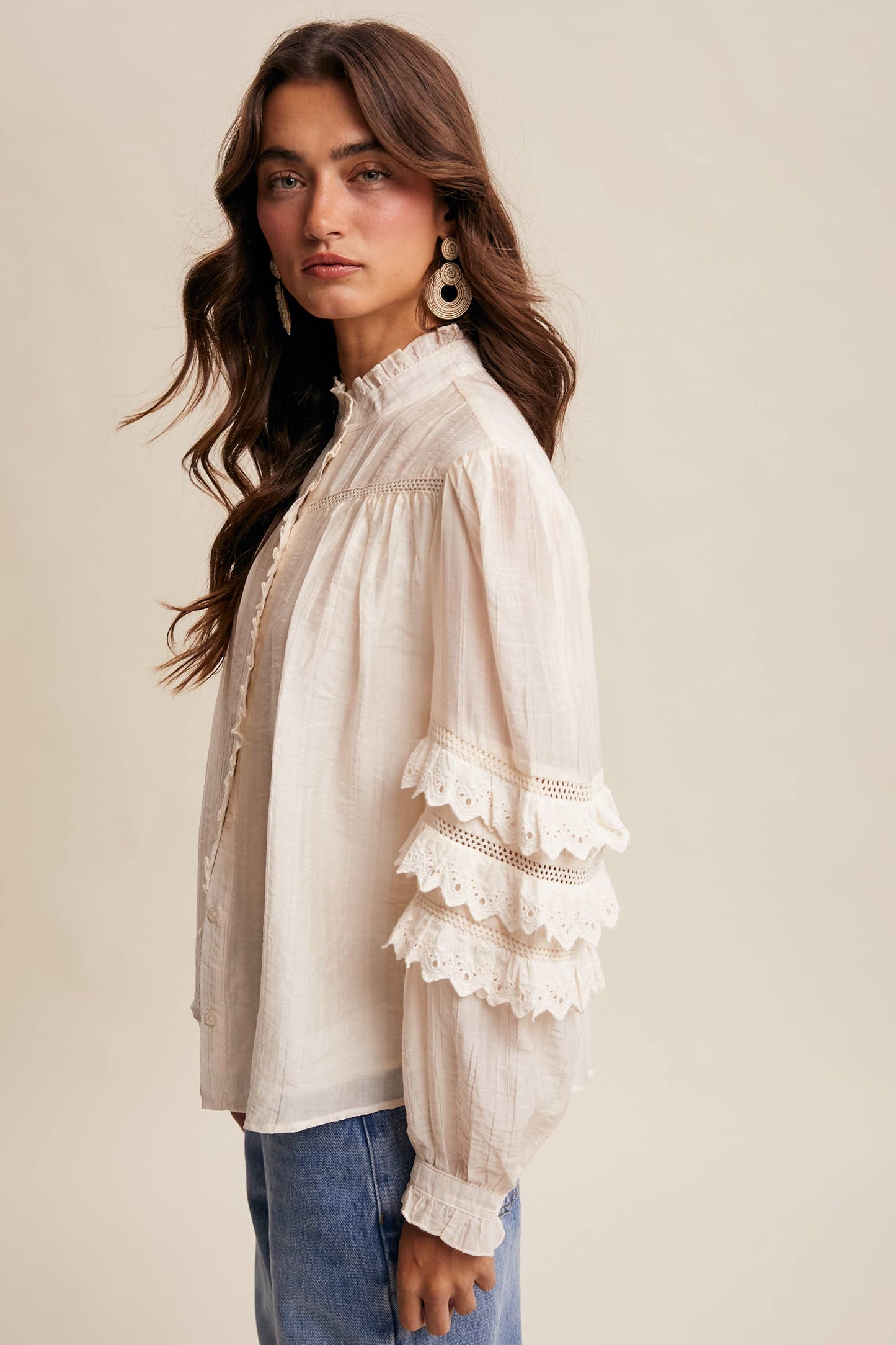 Lace Ruffle Sleeve Pintuck Blouse LT1441