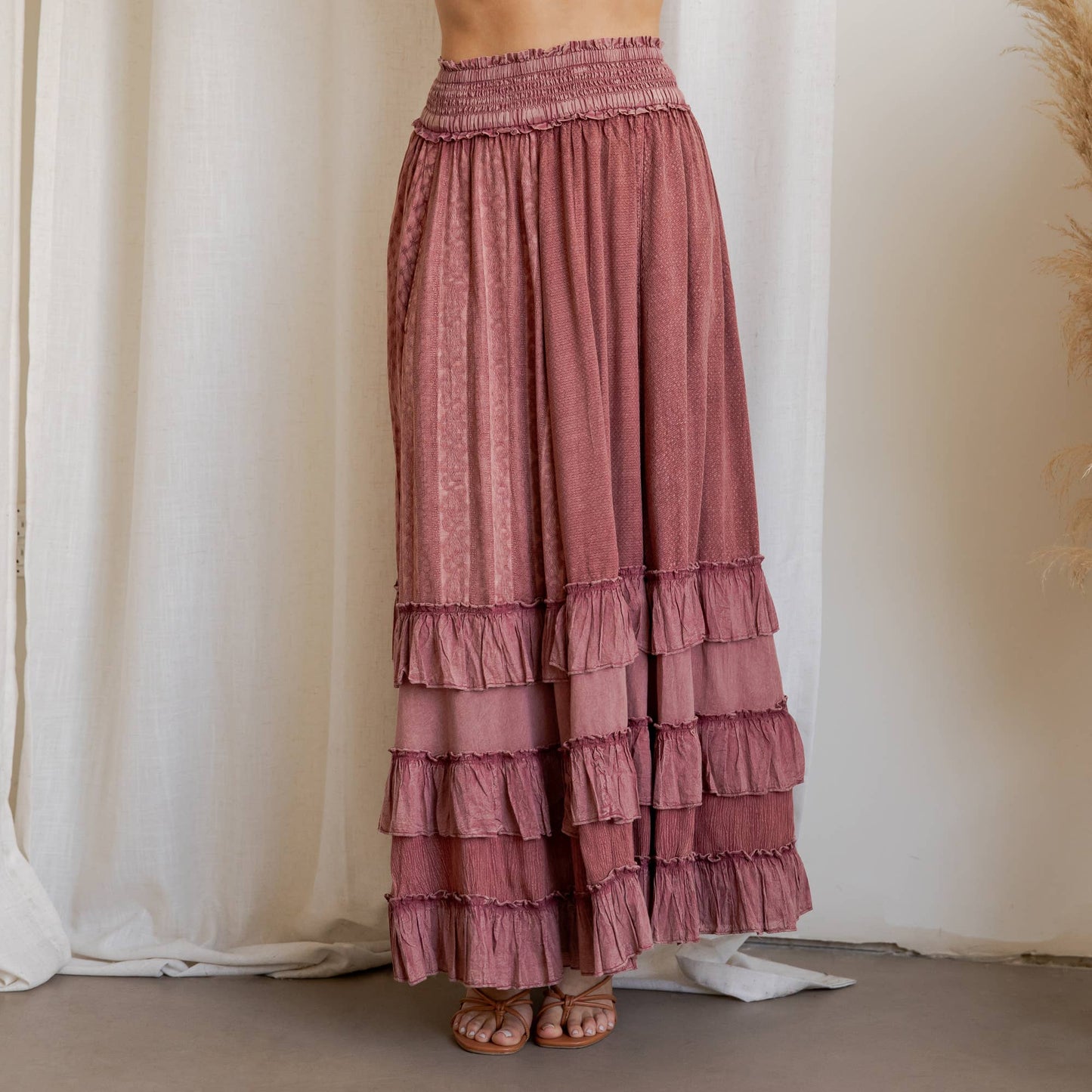 Rustic Textured Smocked Waist Ruffled Tiered Maxi Skirt