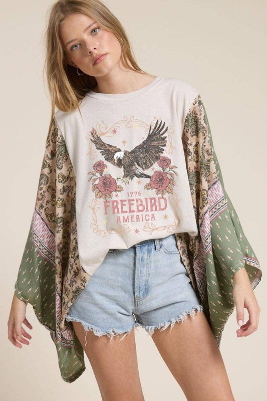 Free Bird America 1776 Graphic Sheer Sleeves Kaftan Top