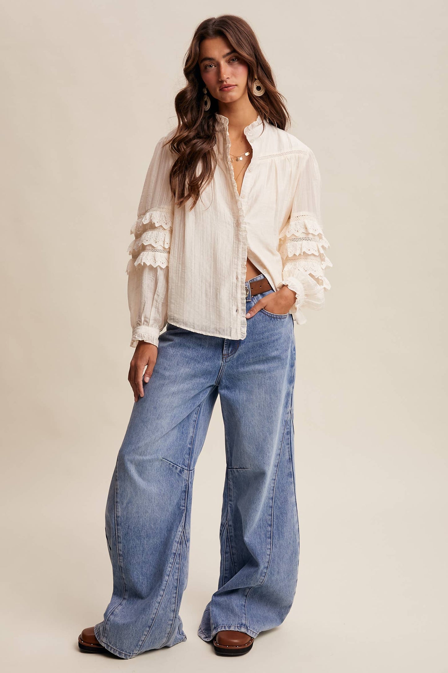 Lace Ruffle Sleeve Pintuck Blouse LT1441