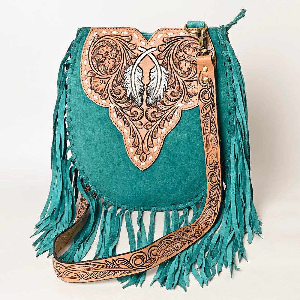 American Darling Western Feather Tooled Leather Large Crossbody Bag with Fringe
