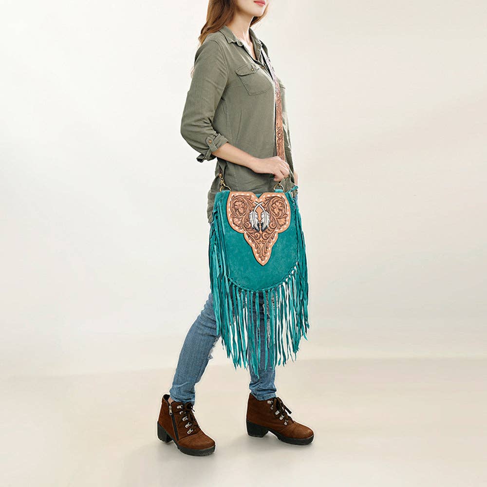 American Darling Western Feather Tooled Leather Large Crossbody Bag with Fringe