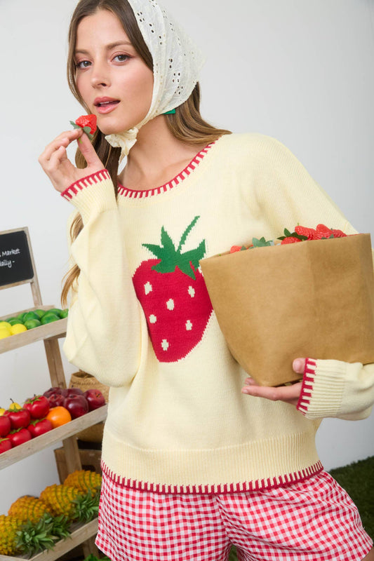STRAWBERRY MOTIF CONTRAST STITCH KNIT PULLOVER