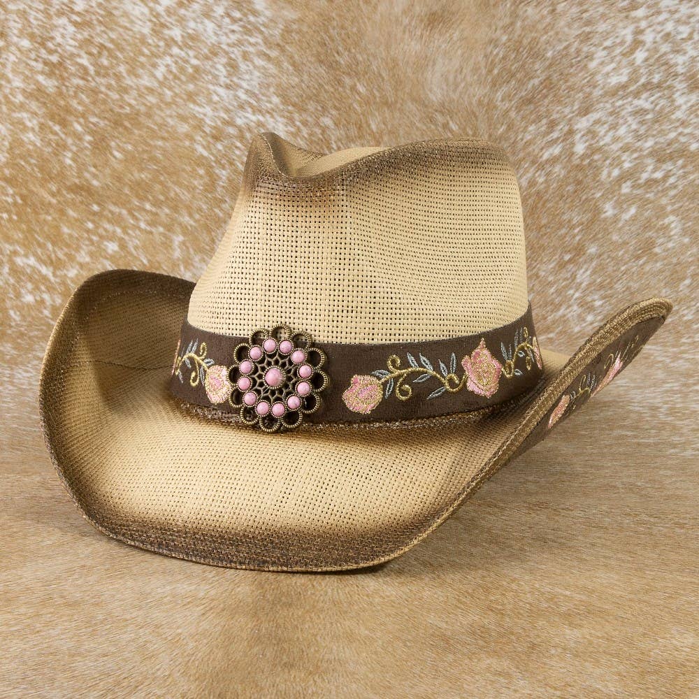 Straw Flower Embroidered Cowboy Hat