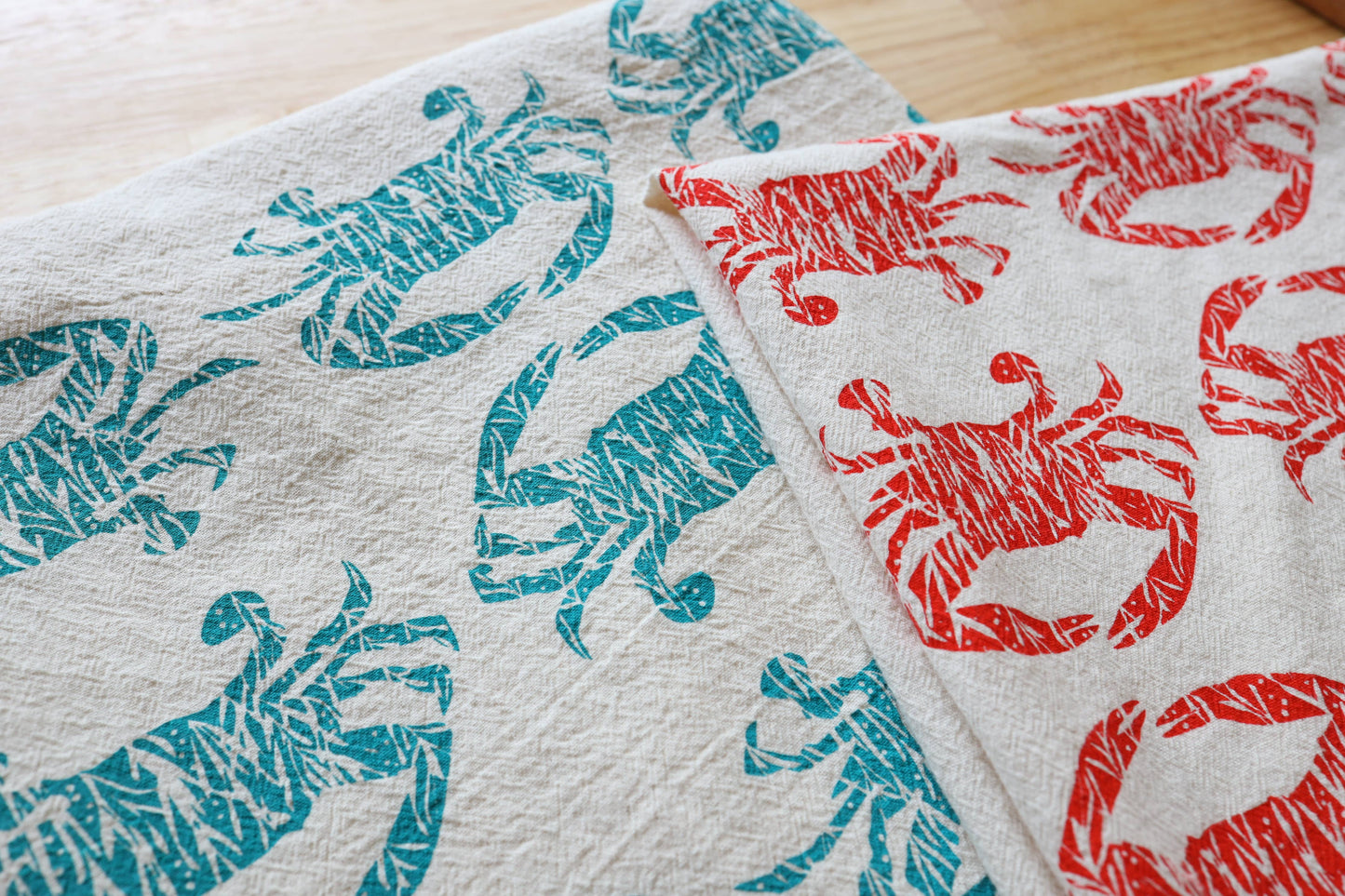 Crab Handprinted Kitchen Towel, Coastal Tea Towel, Blue Crab