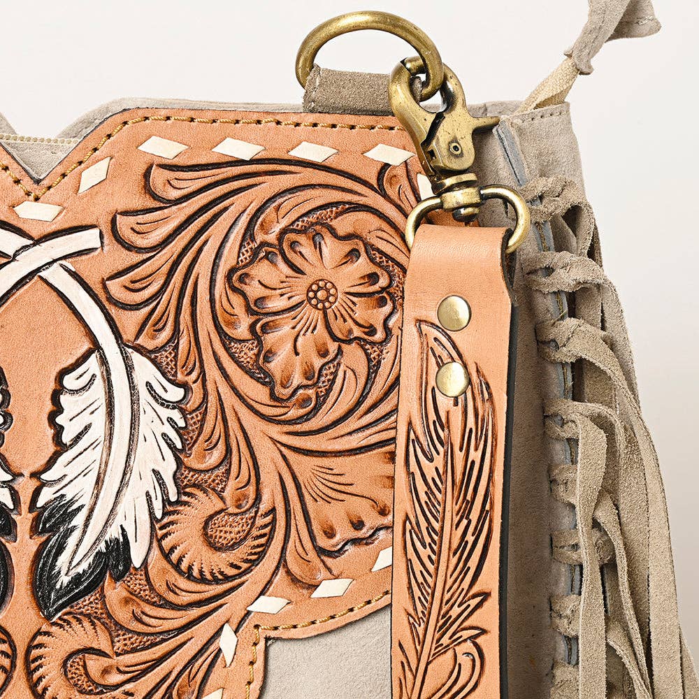American Darling Western Feather Tooled Leather Large Crossbody Bag with Fringe