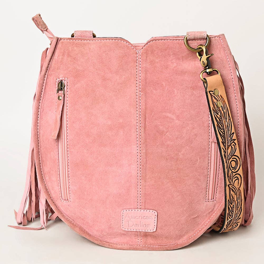 American Darling Western Feather Tooled Leather Large Crossbody Bag with Fringe