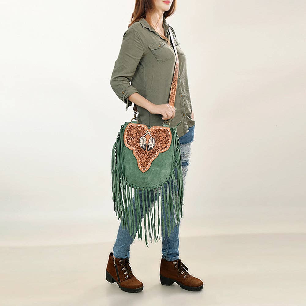American Darling Western Feather Tooled Leather Large Crossbody Bag with Fringe