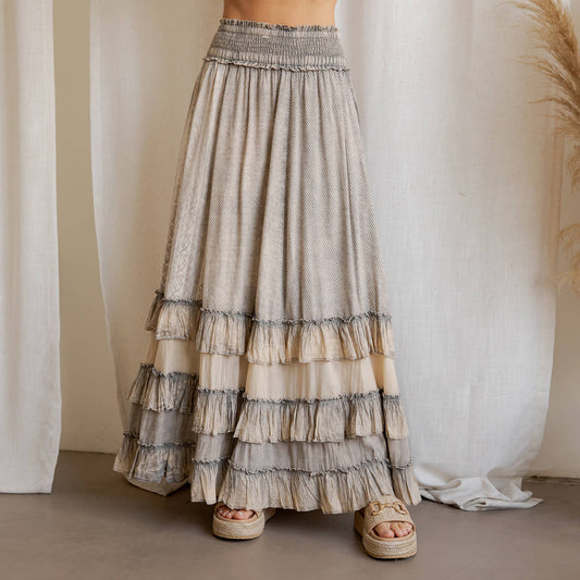 Rustic Textured Smocked Waist Ruffled Tiered Maxi Skirt